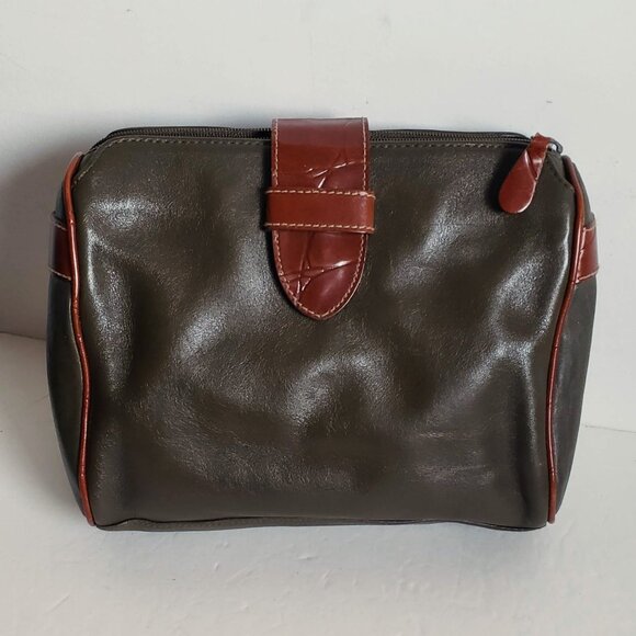 Vintage Olive Genuine Leather Organizer Travel Toiletry Bag Case VALERIE STEVENS - Picture 2 of 11